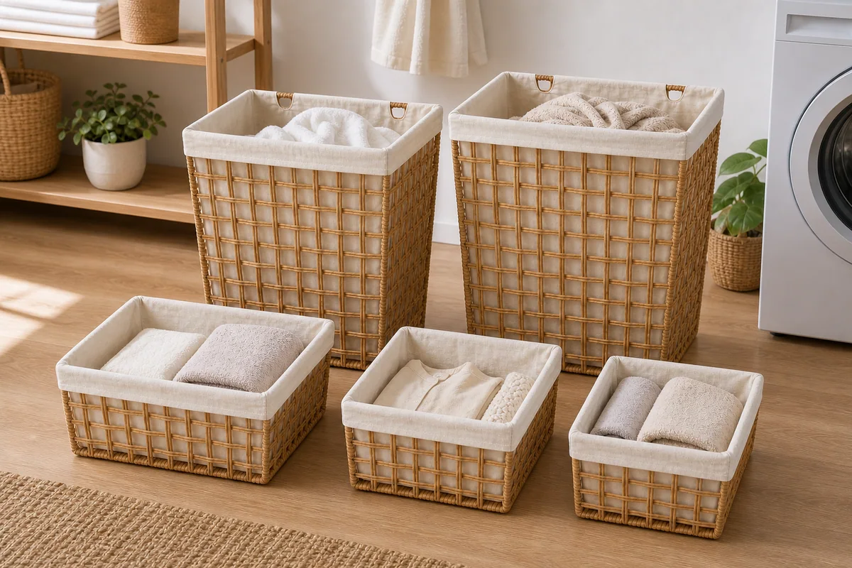 Natural Tan Paper Rope Rectangular 5-Piece Fabric-Lined Laundry Hamper and Basket Set