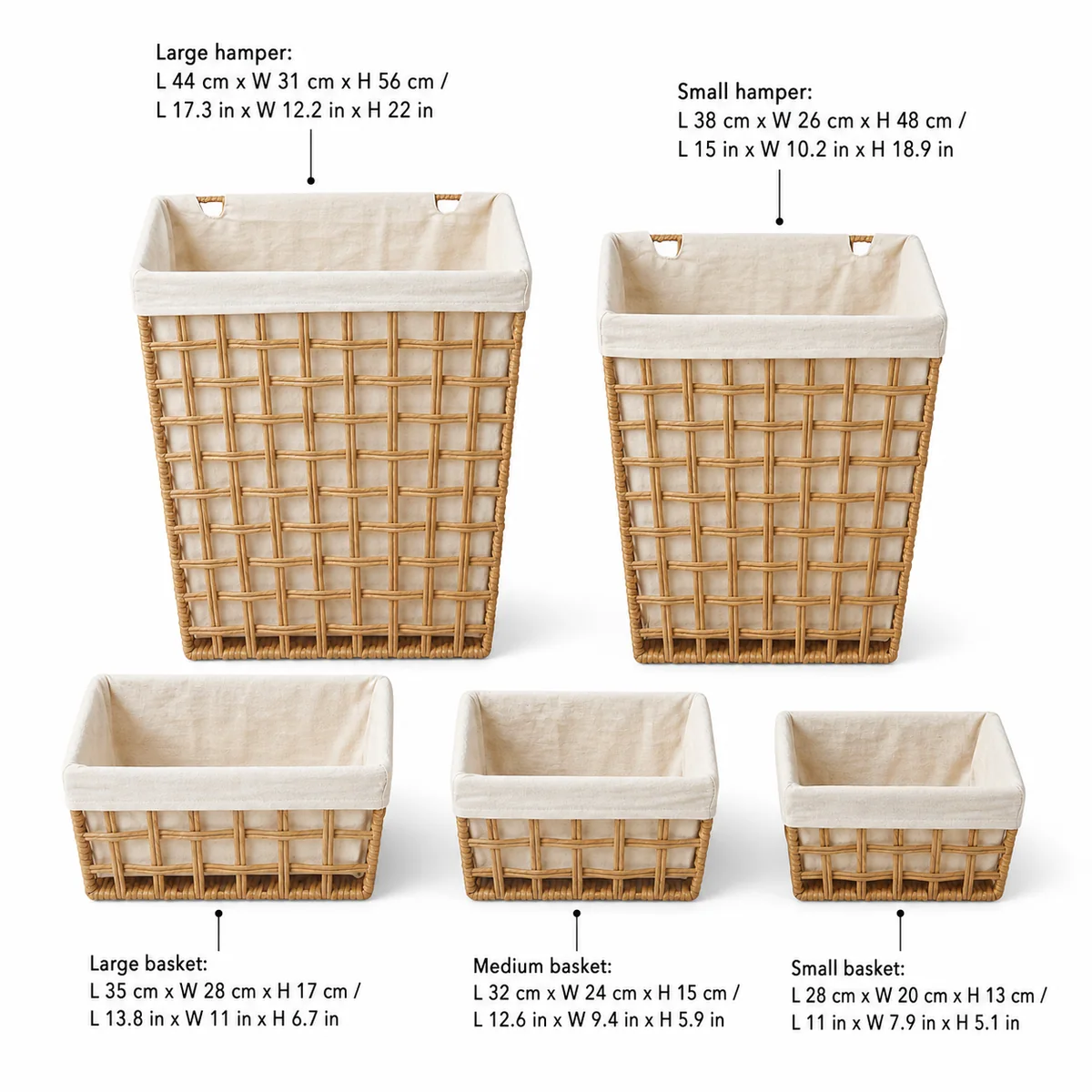 Natural Tan Paper Rope Rectangular 5-Piece Fabric-Lined Laundry Hamper and Basket Set