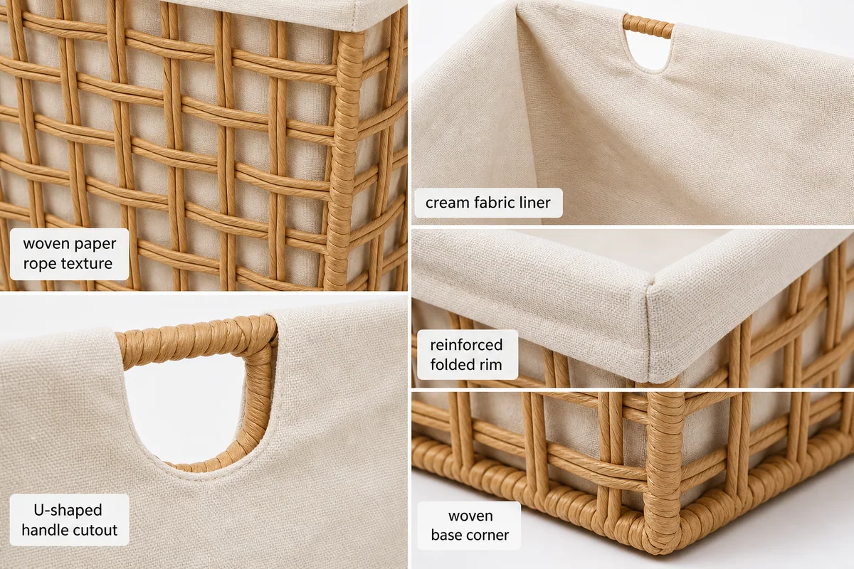 Natural Tan Paper Rope Rectangular 5-Piece Fabric-Lined Laundry Hamper and Basket Set