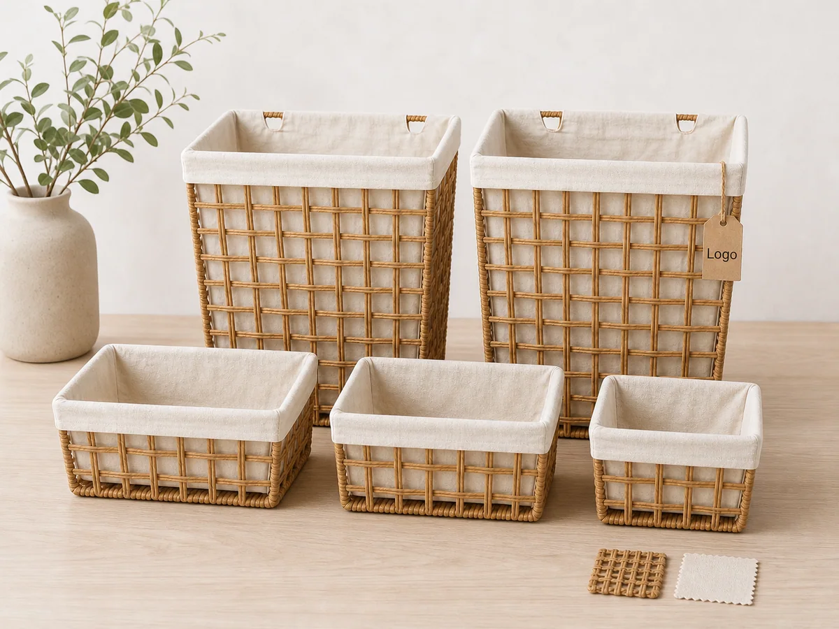 Natural Tan Paper Rope Rectangular 5-Piece Fabric-Lined Laundry Hamper and Basket Set