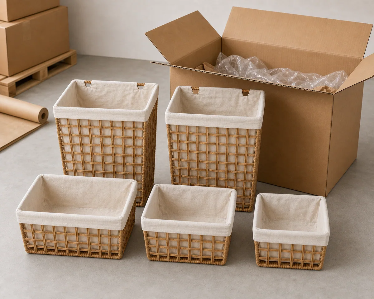 Natural Tan Paper Rope Rectangular 5-Piece Fabric-Lined Laundry Hamper and Basket Set