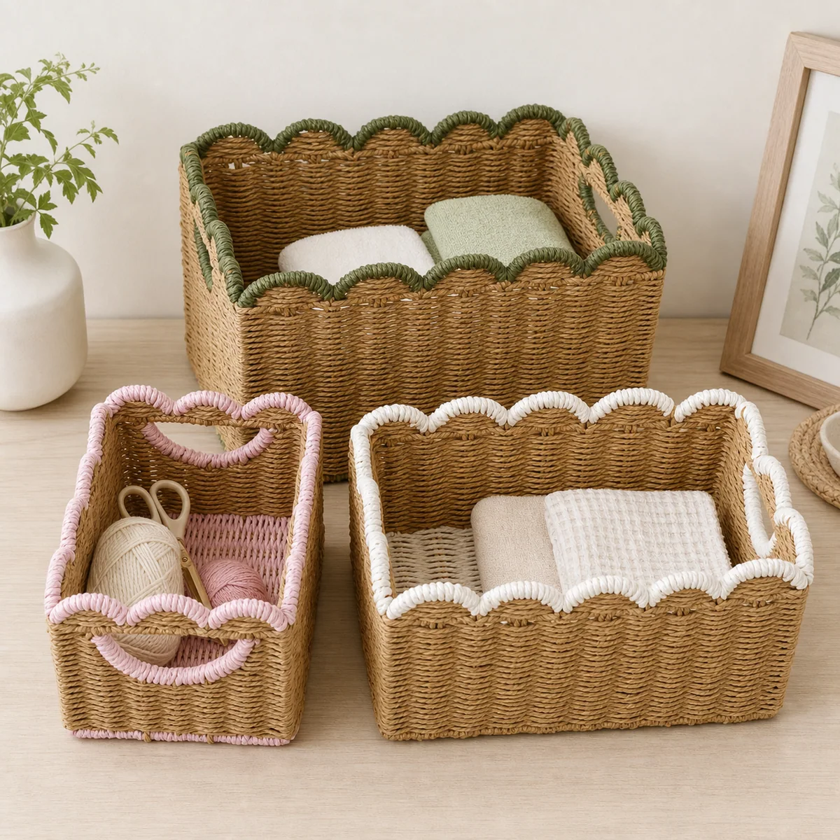 Natural Brown Paper Rope Rectangular 3-Piece Nested Basket Set with Green Pink and White Wavy Rail Variants