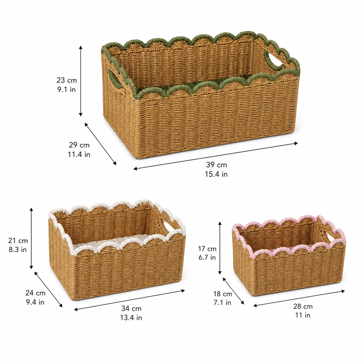 Natural Brown Paper Rope Rectangular 3-Piece Nested Basket Set with Green Pink and White Wavy Rail Variants