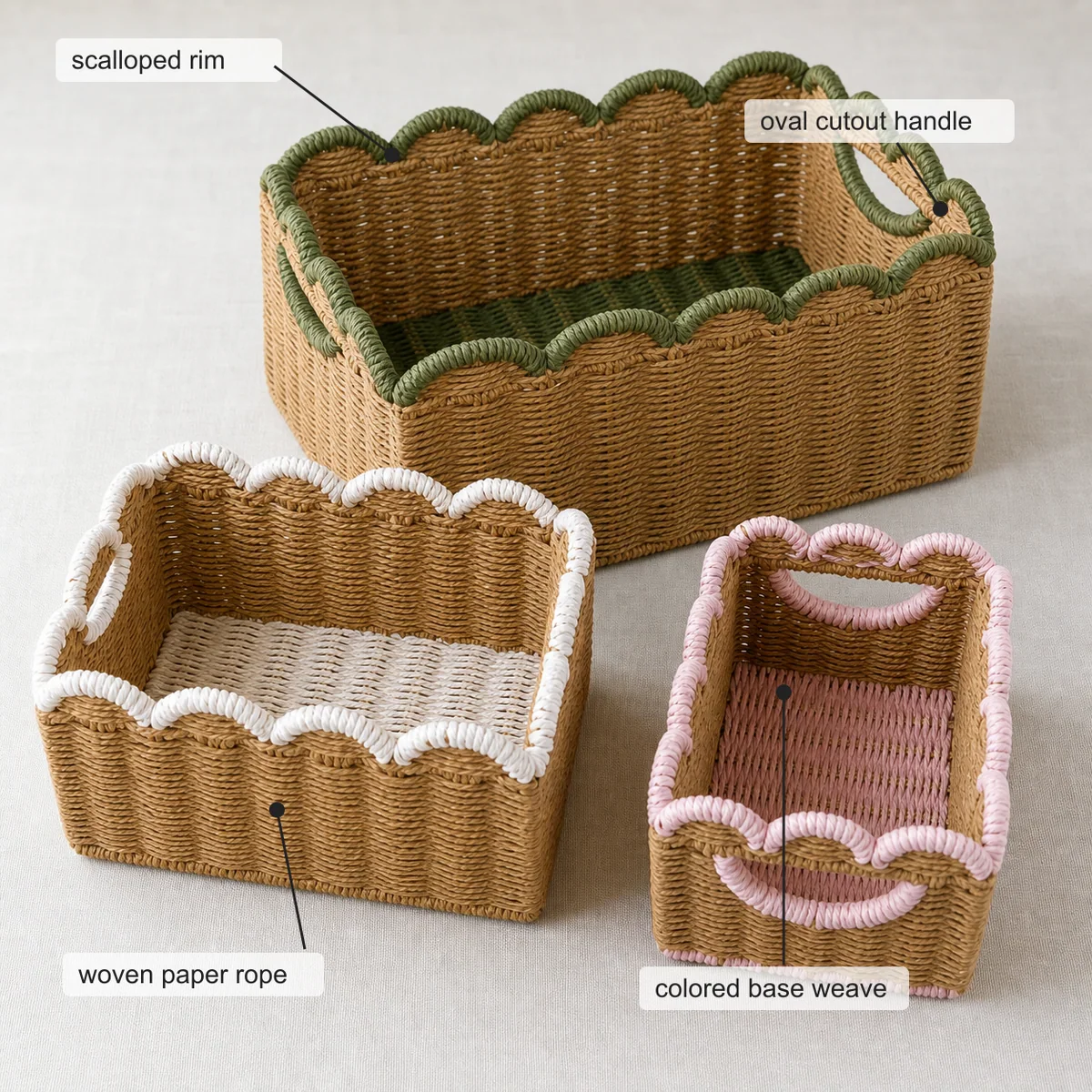 Natural Brown Paper Rope Rectangular 3-Piece Nested Basket Set with Green Pink and White Wavy Rail Variants
