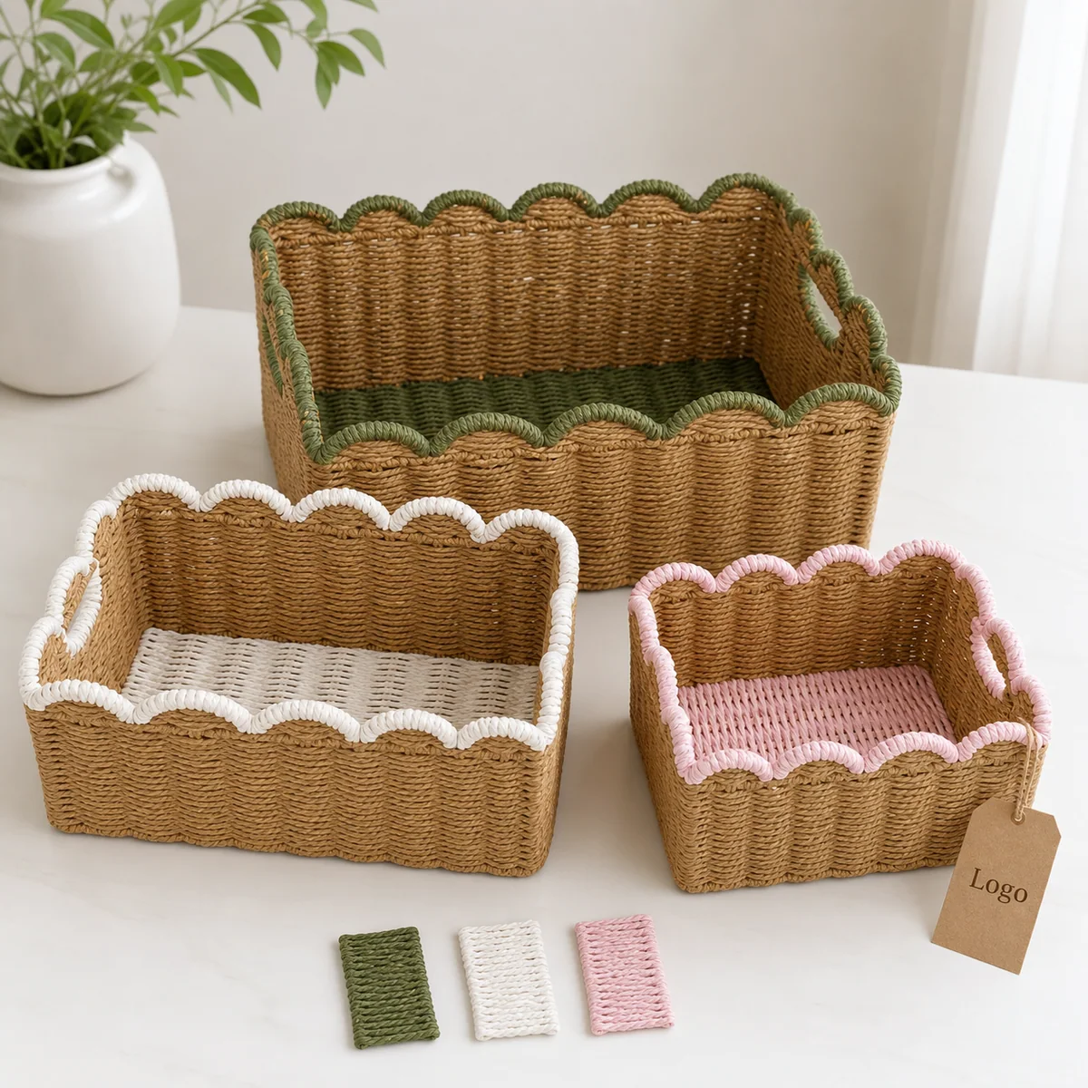 Natural Brown Paper Rope Rectangular 3-Piece Nested Basket Set with Green Pink and White Wavy Rail Variants