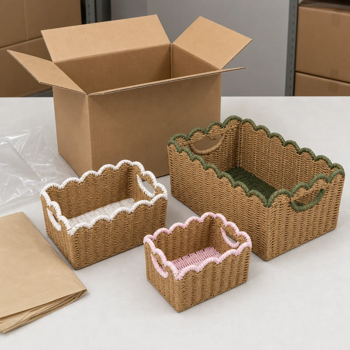 Natural Brown Paper Rope Rectangular 3-Piece Nested Basket Set with Green Pink and White Wavy Rail Variants