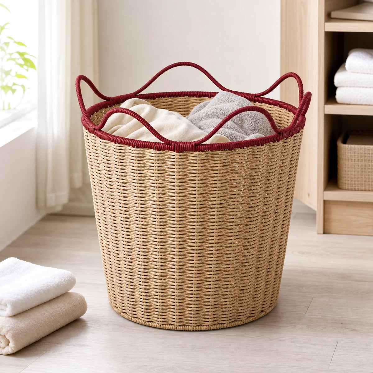 Natural Tan Paper Rope Round Laundry Hamper with Burgundy Wavy Rim and Loop Handles