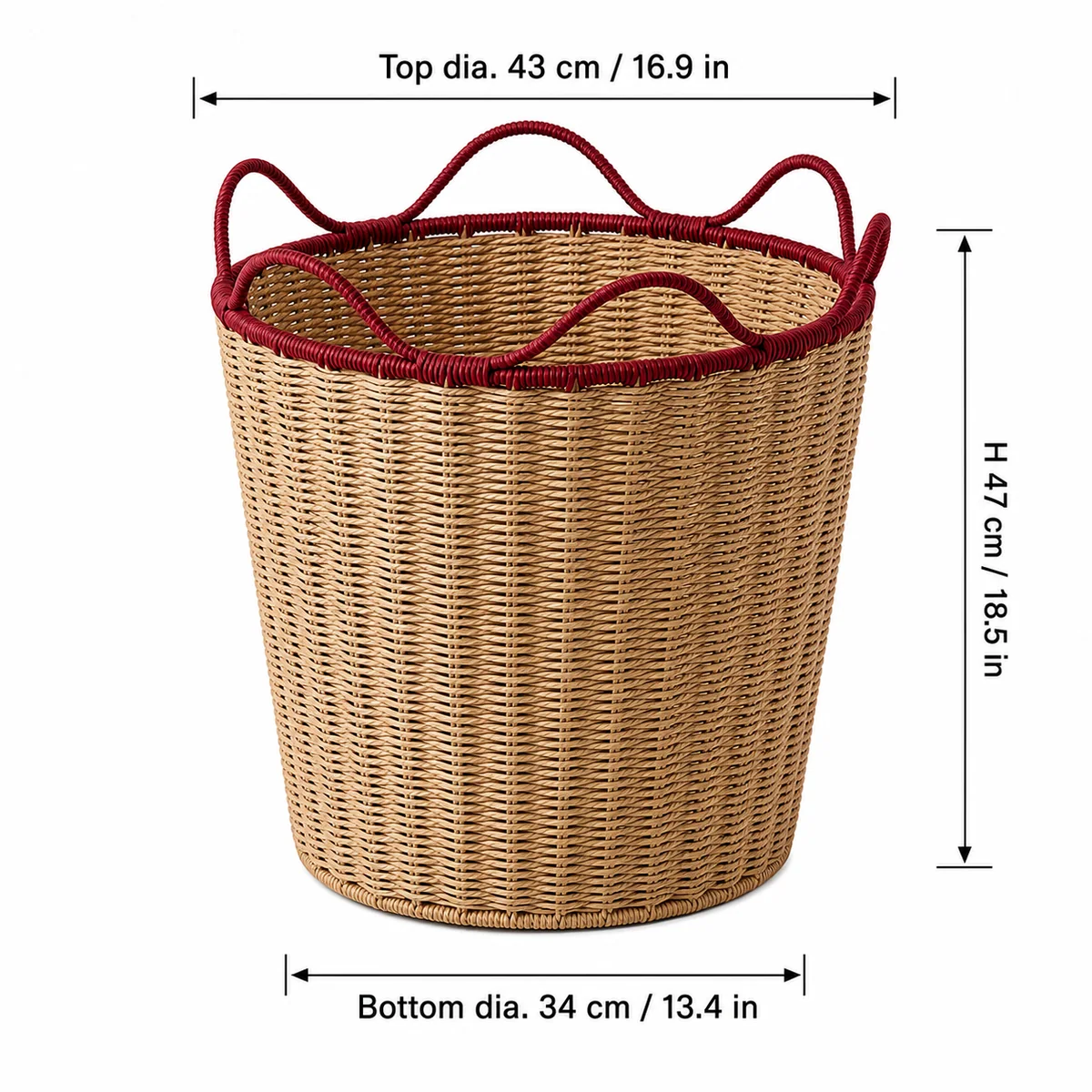 Natural Tan Paper Rope Round Laundry Hamper with Burgundy Wavy Rim and Loop Handles