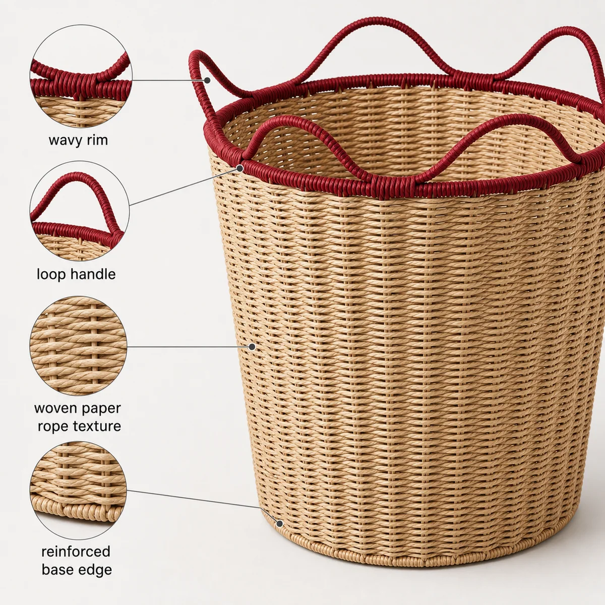 Natural Tan Paper Rope Round Laundry Hamper with Burgundy Wavy Rim and Loop Handles
