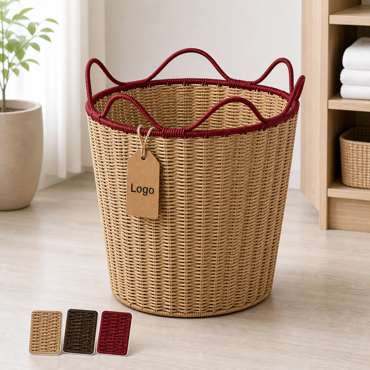 Natural Tan Paper Rope Round Laundry Hamper with Burgundy Wavy Rim and Loop Handles