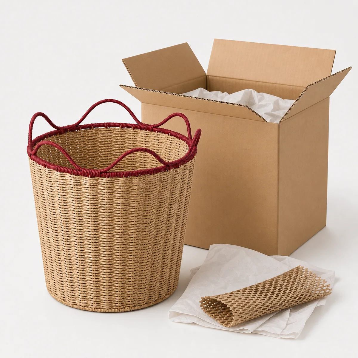 Natural Tan Paper Rope Round Laundry Hamper with Burgundy Wavy Rim and Loop Handles