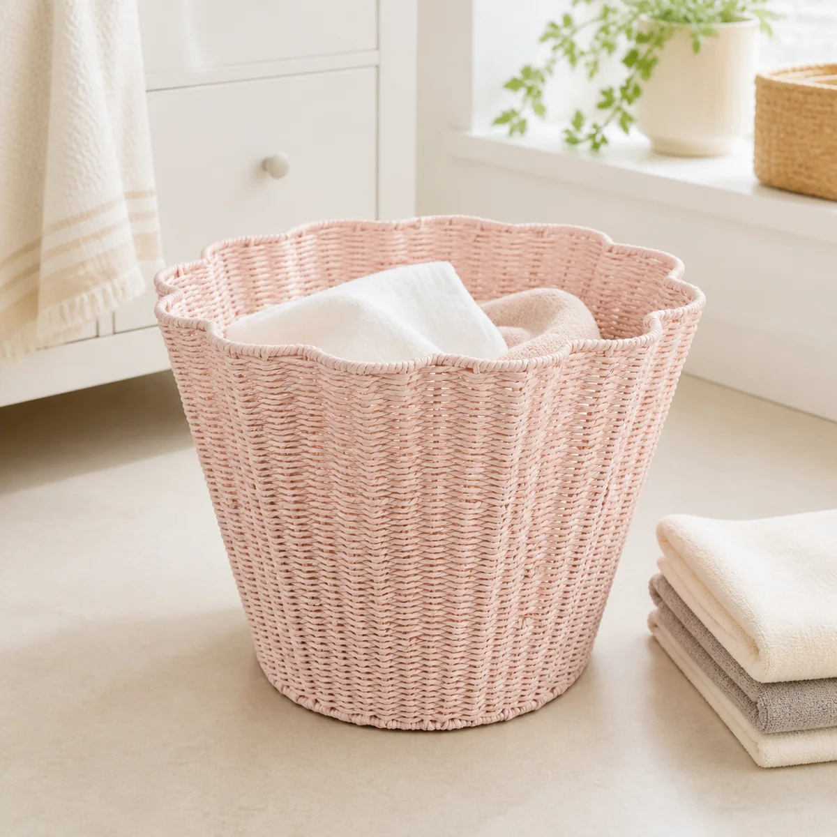 Pale Pink Paper Rope Round Scalloped Rim Laundry Hamper