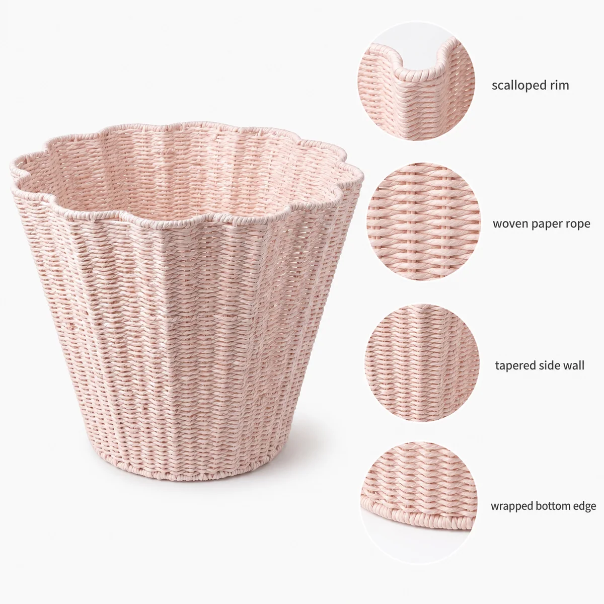 Pale Pink Paper Rope Round Scalloped Rim Laundry Hamper