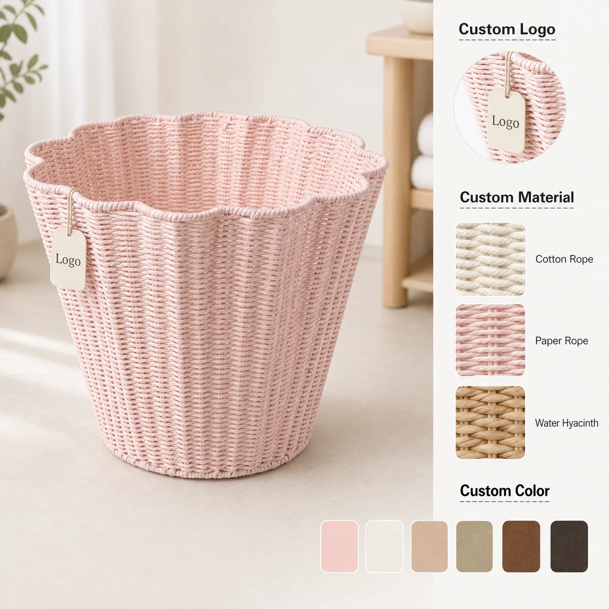 Pale Pink Paper Rope Round Scalloped Rim Laundry Hamper