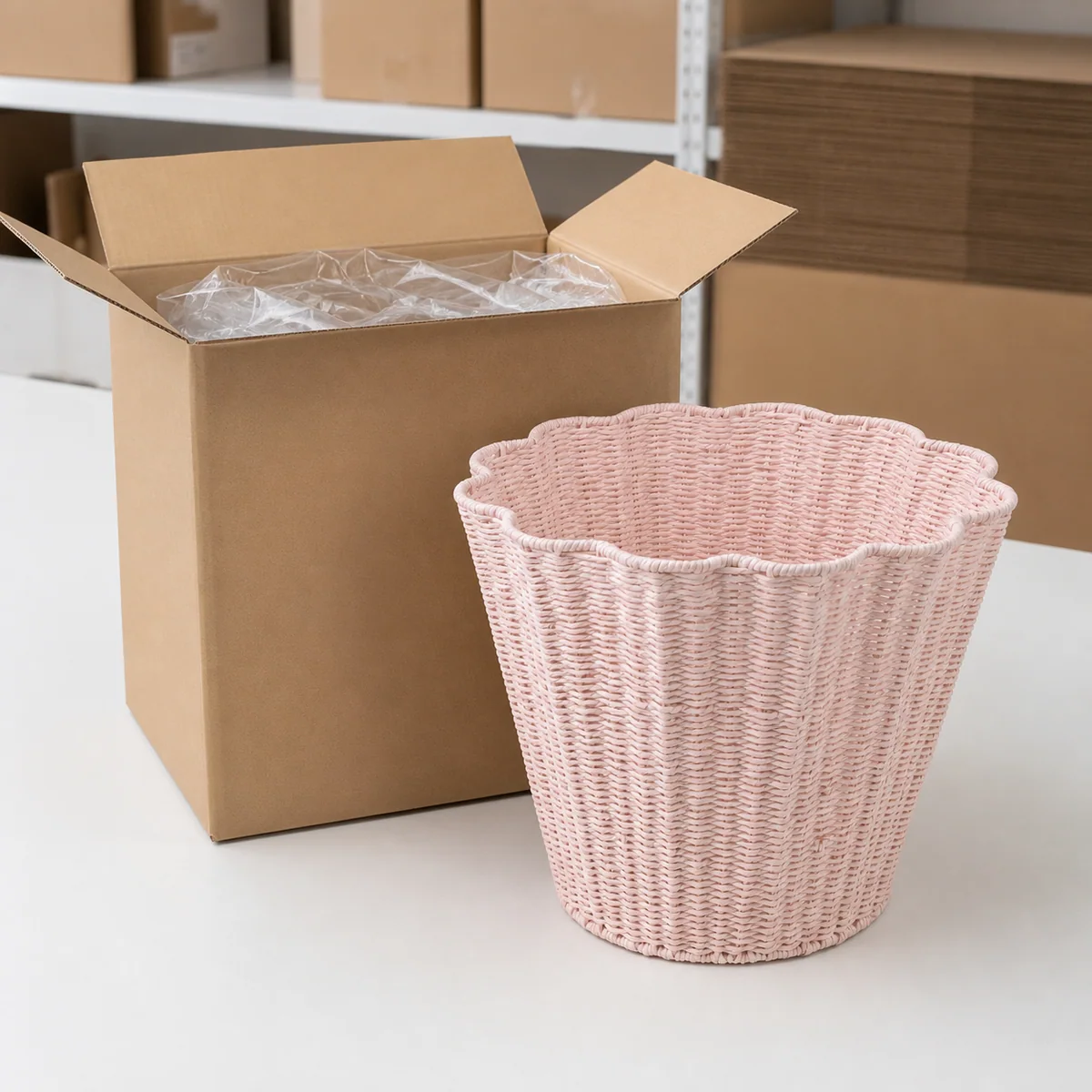 Pale Pink Paper Rope Round Scalloped Rim Laundry Hamper