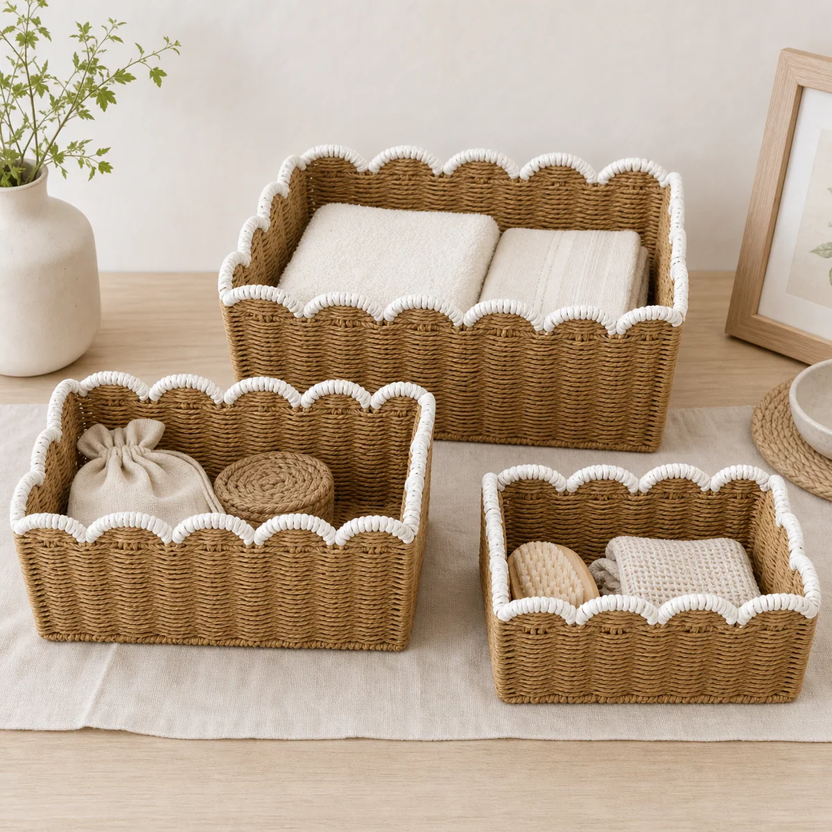 Natural Brown and White Paper Rope Rectangular 3-Piece Nested Basket Set with White Wave Rims