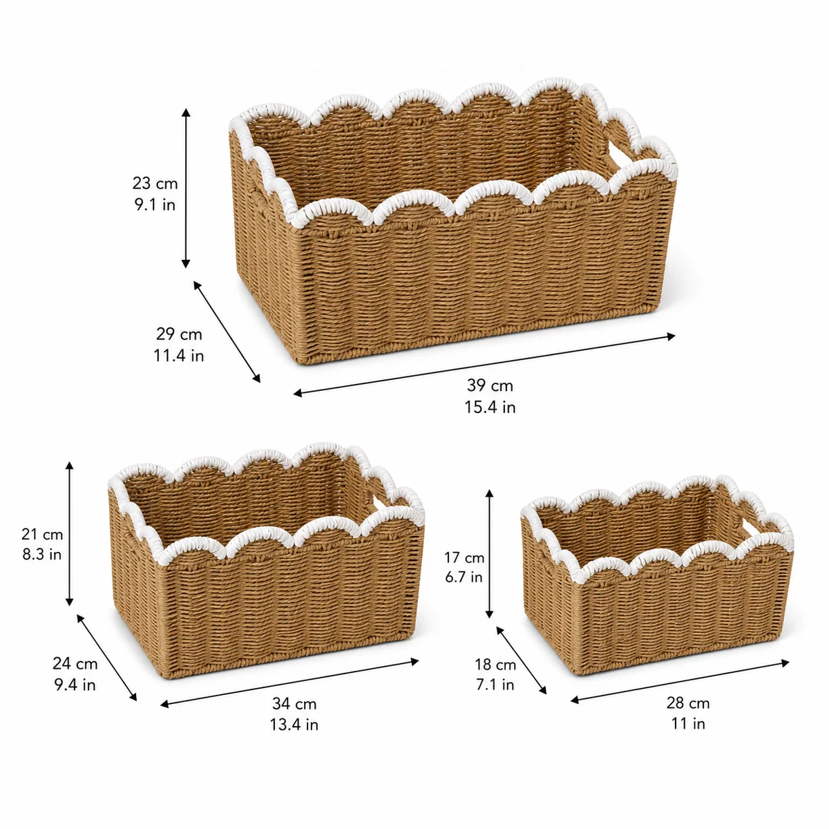 Natural Brown and White Paper Rope Rectangular 3-Piece Nested Basket Set with White Wave Rims