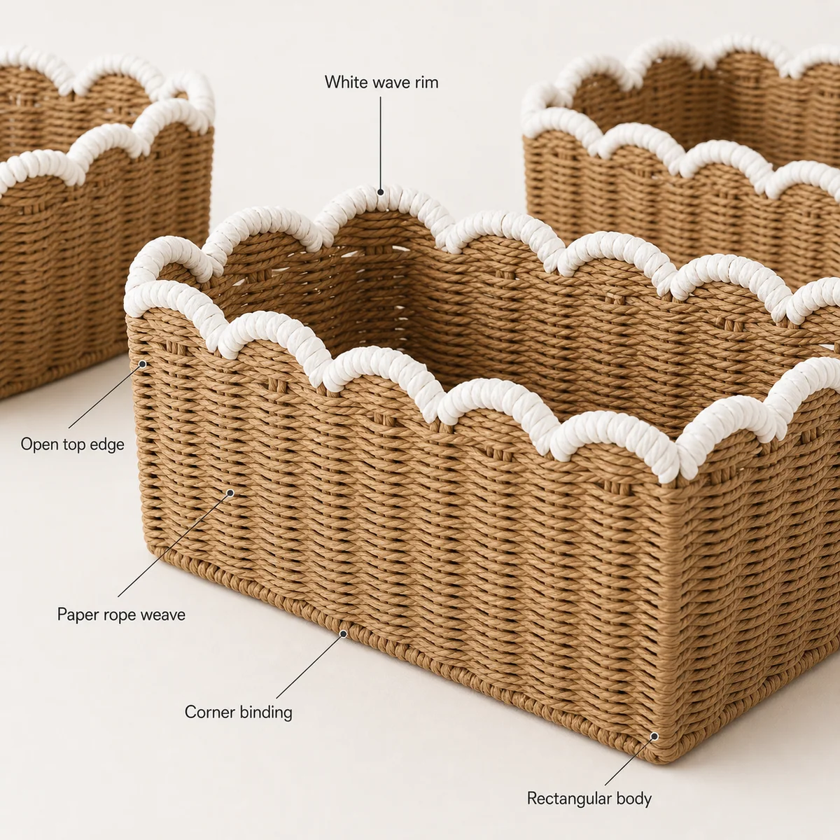 Natural Brown and White Paper Rope Rectangular 3-Piece Nested Basket Set with White Wave Rims