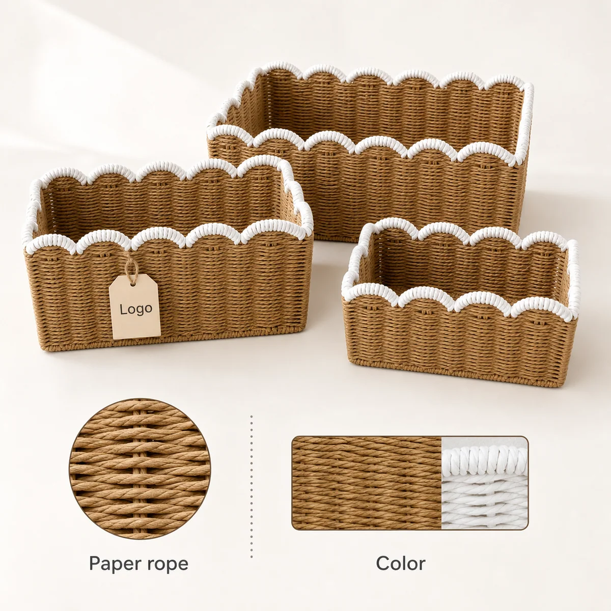 Natural Brown and White Paper Rope Rectangular 3-Piece Nested Basket Set with White Wave Rims