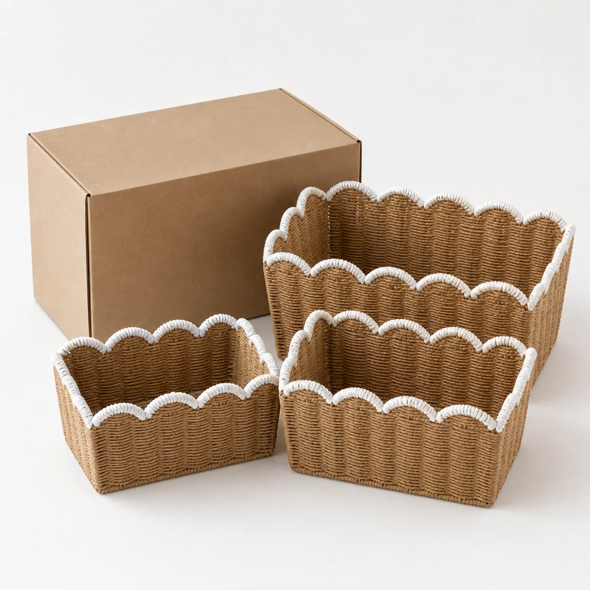 Natural Brown and White Paper Rope Rectangular 3-Piece Nested Basket Set with White Wave Rims