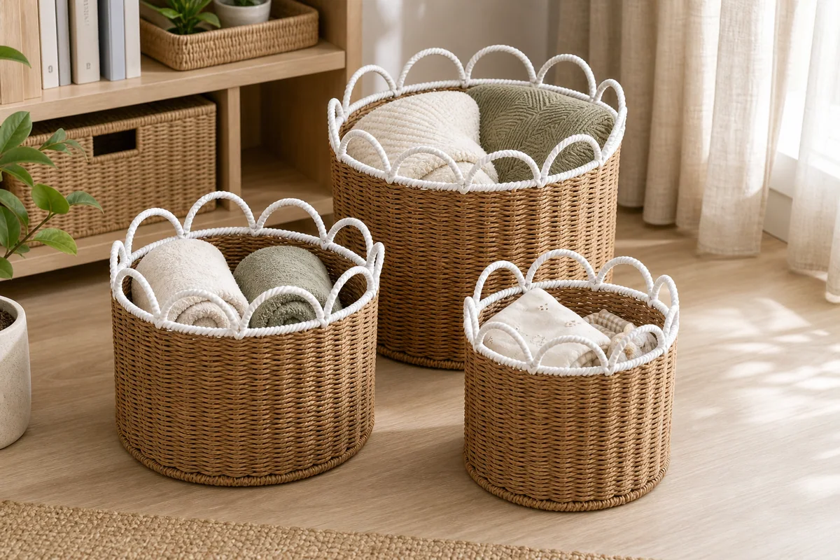 Natural Brown and White Paper Rope Round 3-Piece Nested Basket Set with Loop Petal Rims
