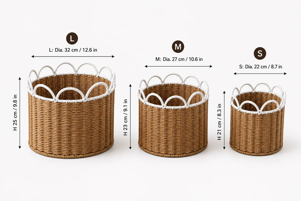 Natural Brown and White Paper Rope Round 3-Piece Nested Basket Set with Loop Petal Rims