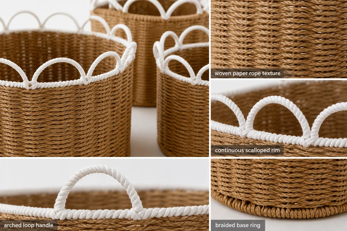 Natural Brown and White Paper Rope Round 3-Piece Nested Basket Set with Loop Petal Rims