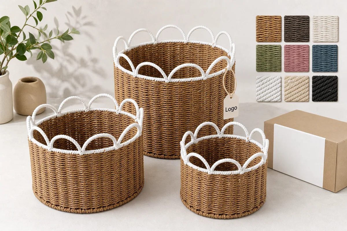 Natural Brown and White Paper Rope Round 3-Piece Nested Basket Set with Loop Petal Rims