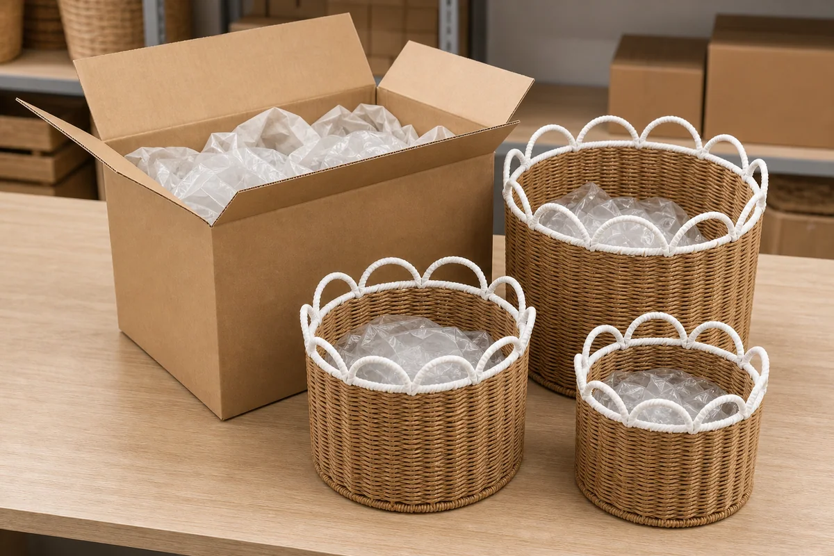 Natural Brown and White Paper Rope Round 3-Piece Nested Basket Set with Loop Petal Rims