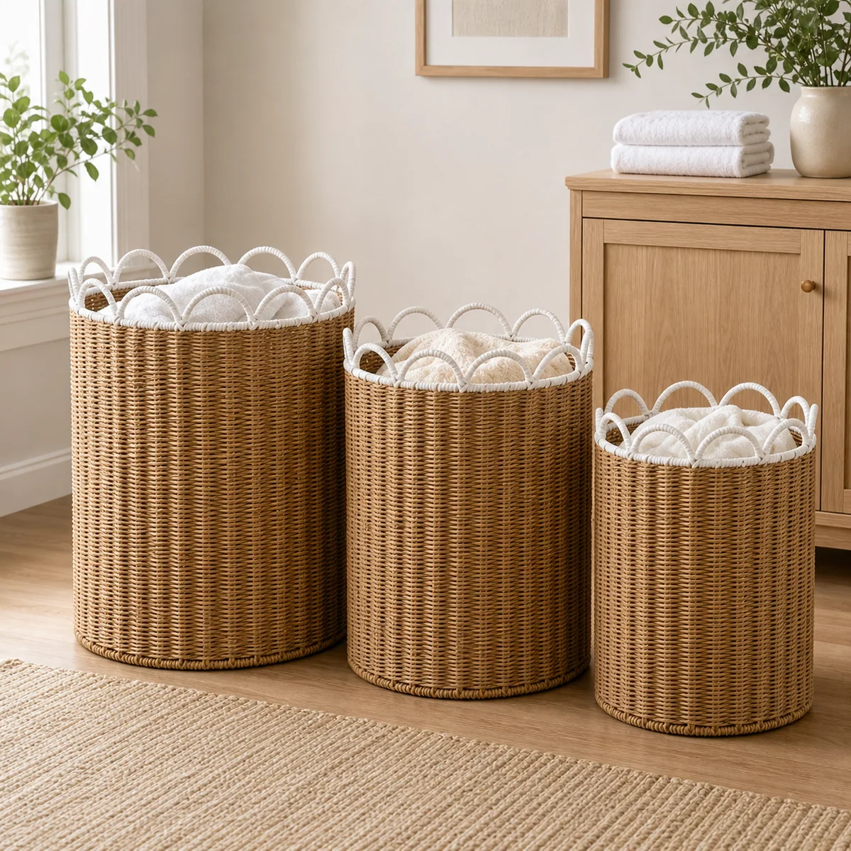 Natural Brown and White Paper Rope Round 3-Piece Nested Tall Laundry Hamper Set with Loop Petal Rims