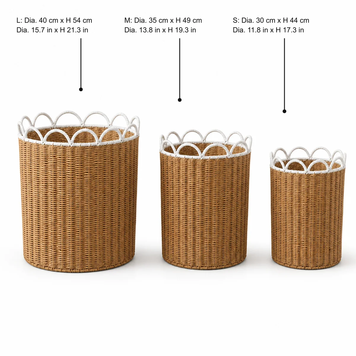 Natural Brown and White Paper Rope Round 3-Piece Nested Tall Laundry Hamper Set with Loop Petal Rims