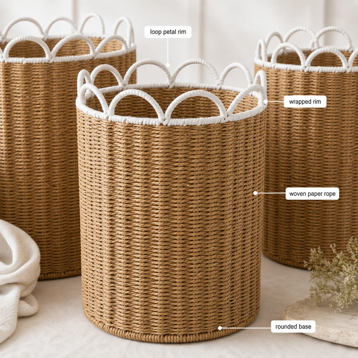 Natural Brown and White Paper Rope Round 3-Piece Nested Tall Laundry Hamper Set with Loop Petal Rims