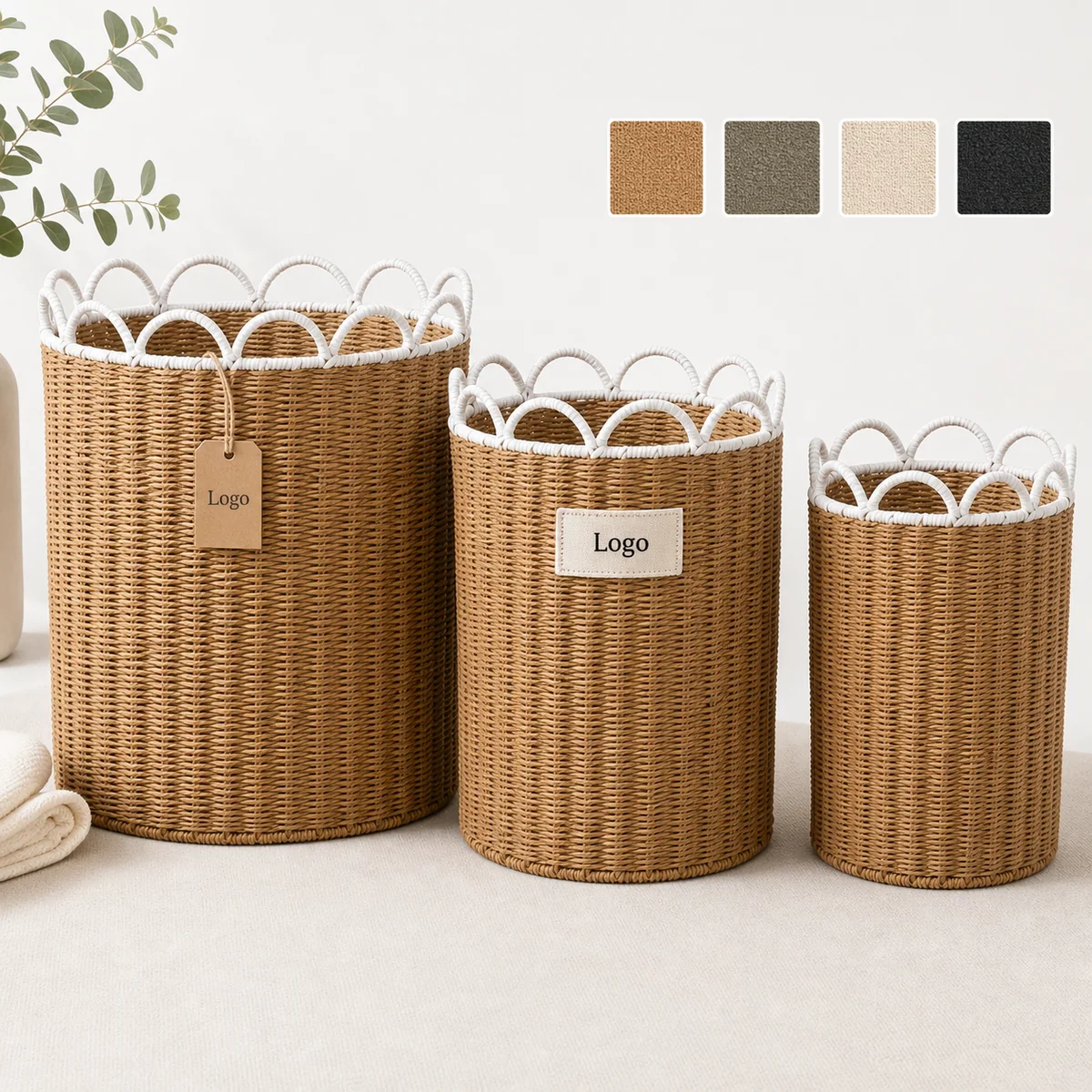 Natural Brown and White Paper Rope Round 3-Piece Nested Tall Laundry Hamper Set with Loop Petal Rims