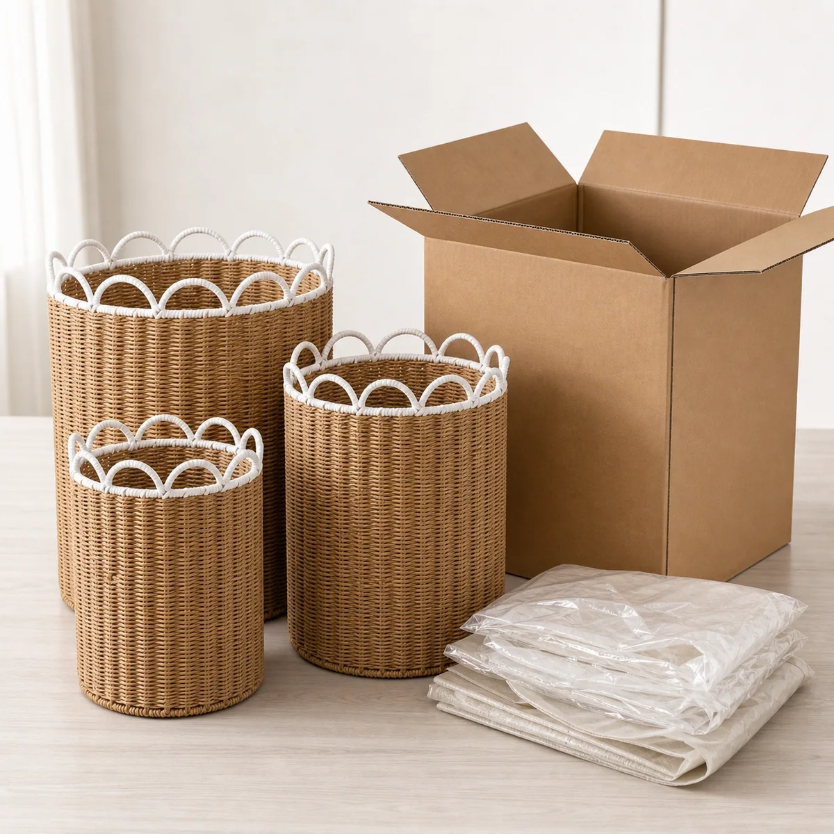 Natural Brown and White Paper Rope Round 3-Piece Nested Tall Laundry Hamper Set with Loop Petal Rims