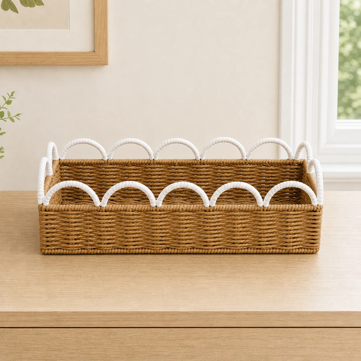 Natural Brown and White Paper Rope Rectangular Storage Basket with Wave Loop Trim