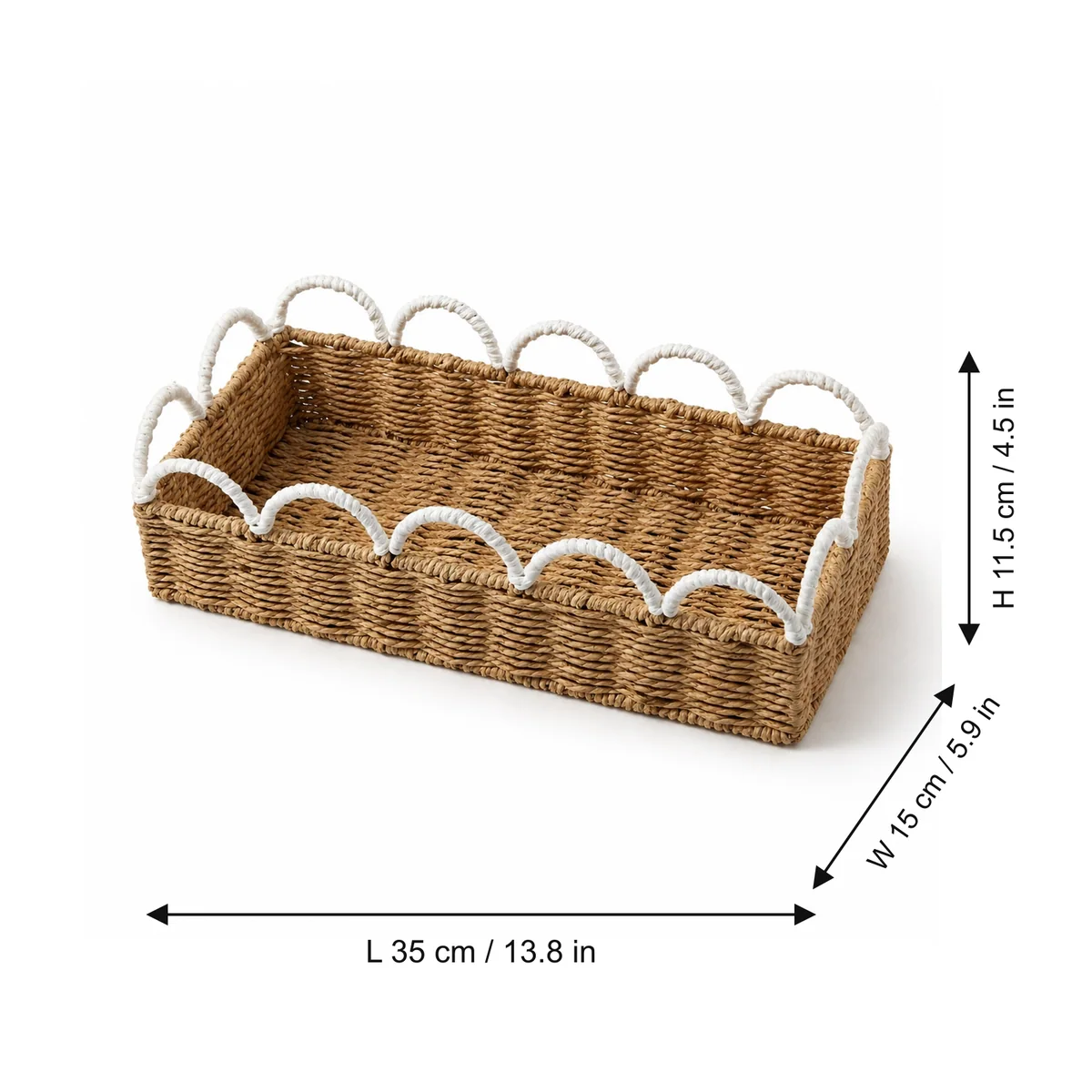 Natural Brown and White Paper Rope Rectangular Storage Basket with Wave Loop Trim
