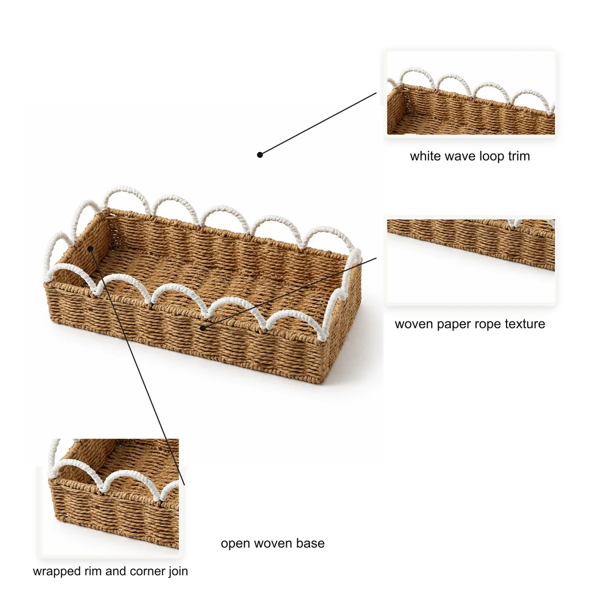 Natural Brown and White Paper Rope Rectangular Storage Basket with Wave Loop Trim
