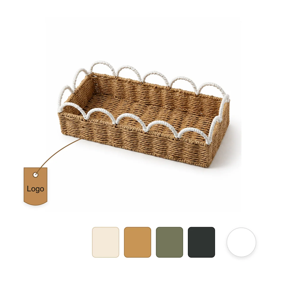 Natural Brown and White Paper Rope Rectangular Storage Basket with Wave Loop Trim