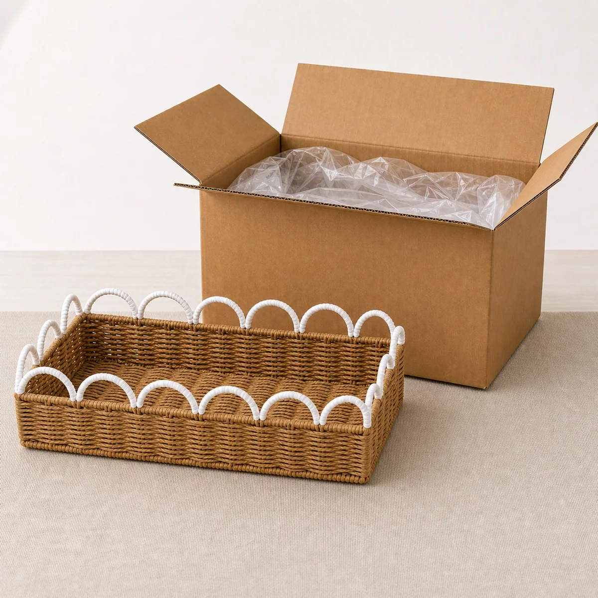 Natural Brown and White Paper Rope Rectangular Storage Basket with Wave Loop Trim