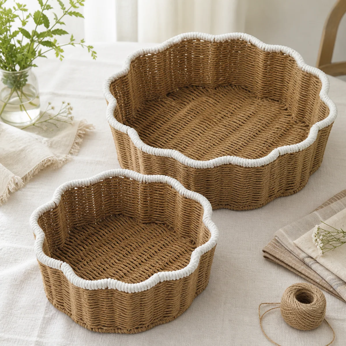 Natural Brown and White Paper Rope Round 2-Piece Nested Basket Set with Wave Loop Trim