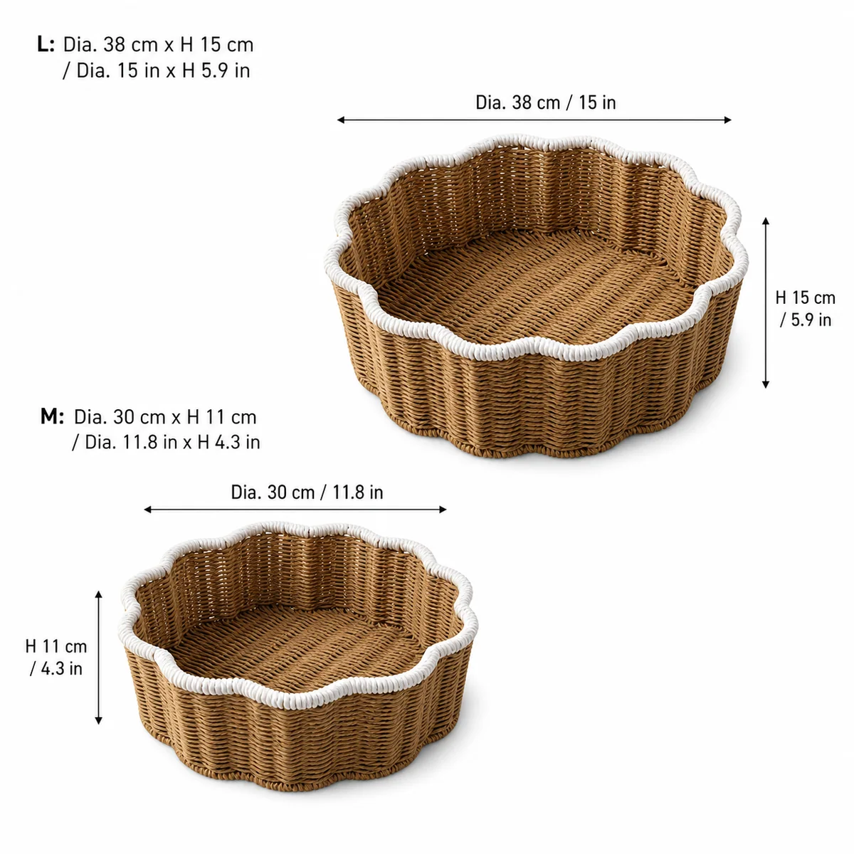 Natural Brown and White Paper Rope Round 2-Piece Nested Basket Set with Wave Loop Trim