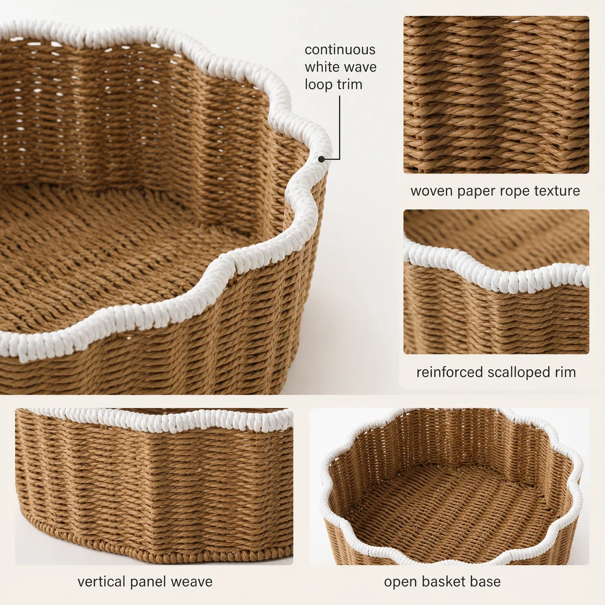 Natural Brown and White Paper Rope Round 2-Piece Nested Basket Set with Wave Loop Trim