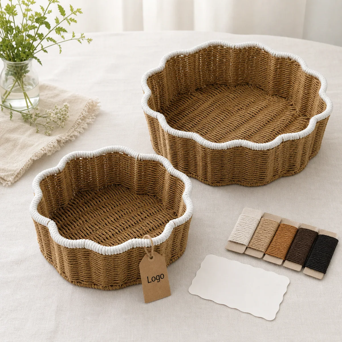 Natural Brown and White Paper Rope Round 2-Piece Nested Basket Set with Wave Loop Trim