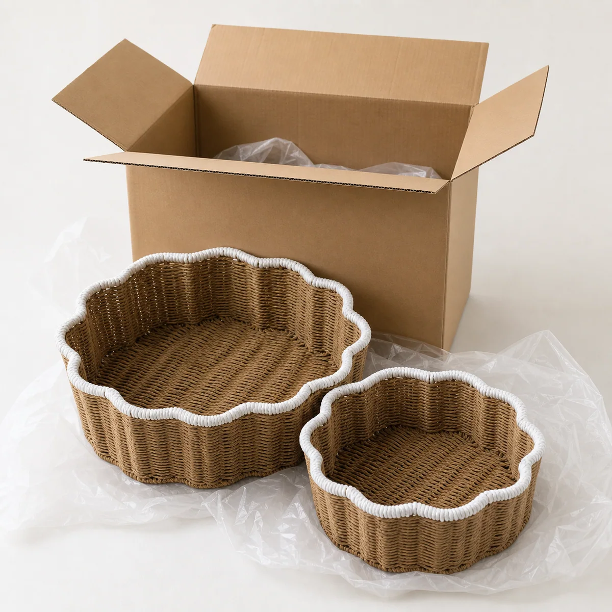 Natural Brown and White Paper Rope Round 2-Piece Nested Basket Set with Wave Loop Trim