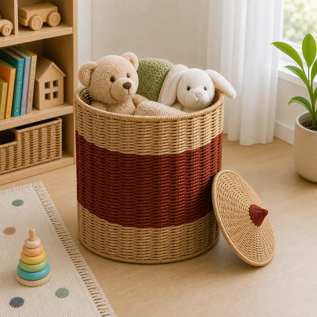 Red Brown and Natural Paper Rope Round Lidded Kids Storage Basket
