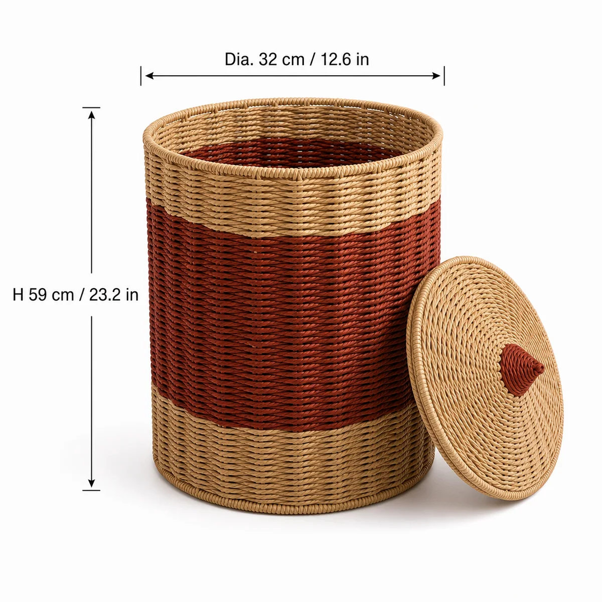Red Brown and Natural Paper Rope Round Lidded Kids Storage Basket