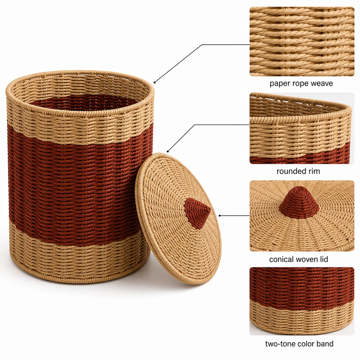 Red Brown and Natural Paper Rope Round Lidded Kids Storage Basket