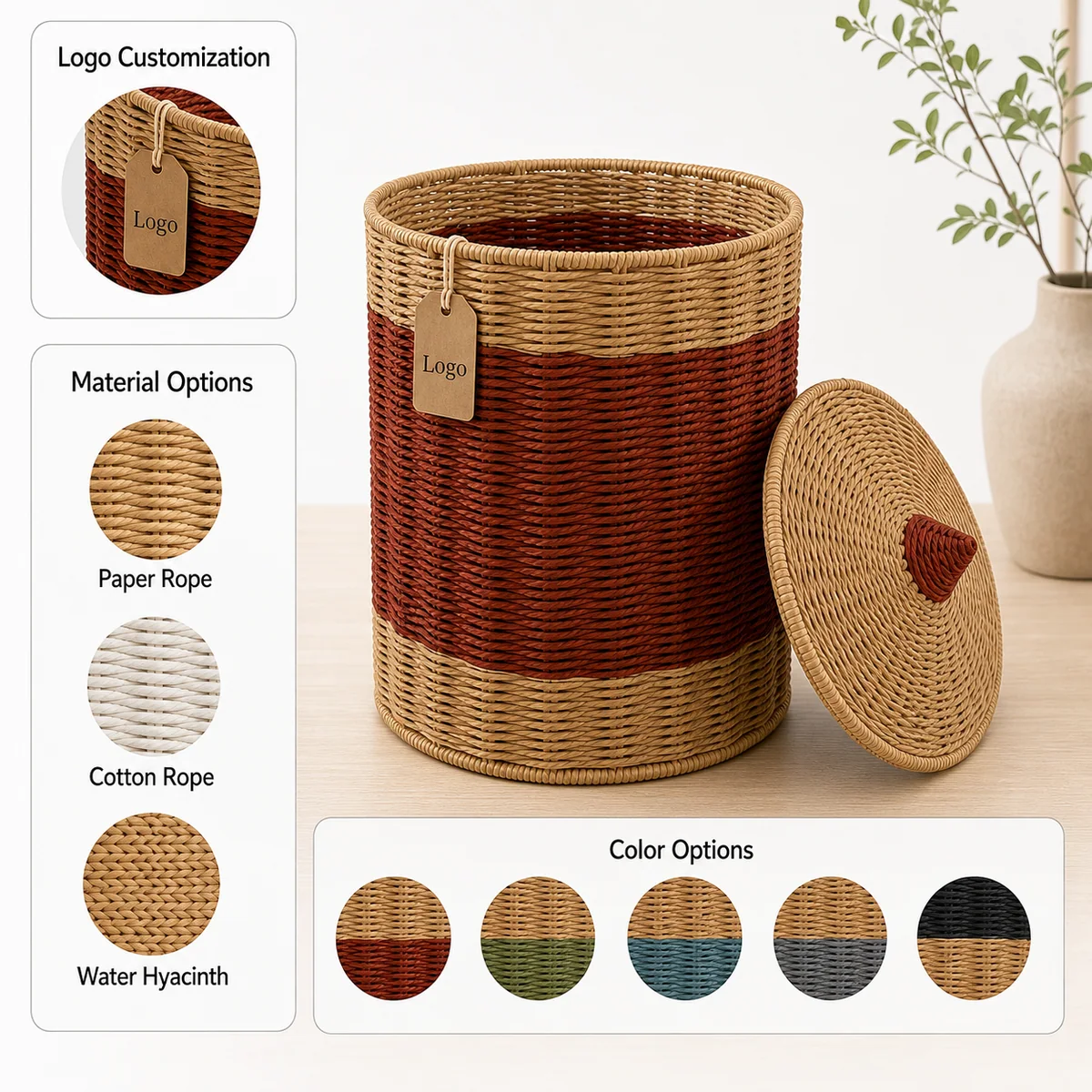 Red Brown and Natural Paper Rope Round Lidded Kids Storage Basket