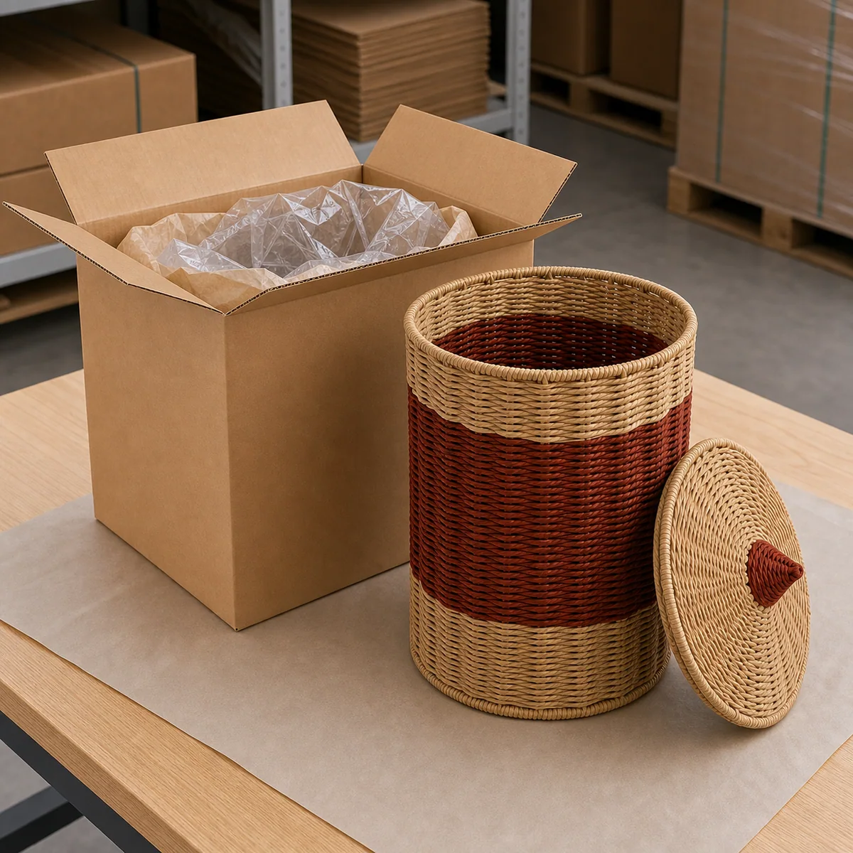 Red Brown and Natural Paper Rope Round Lidded Kids Storage Basket