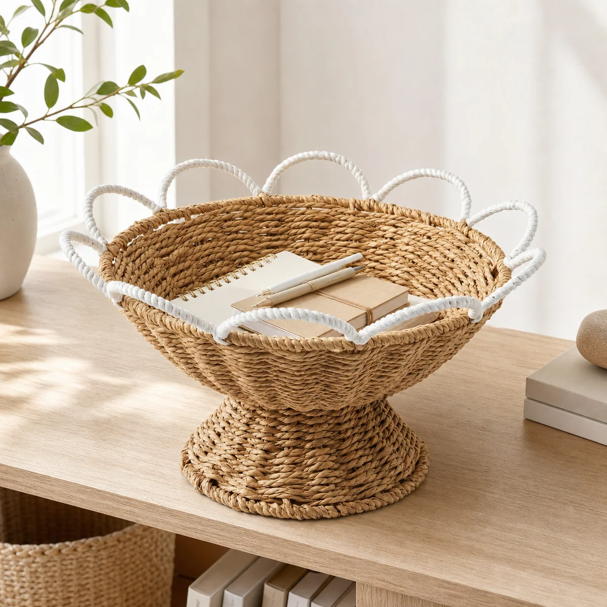 Natural Brown Paper Rope Round Pedestal Fruit Basket with White Wave Handle Trim